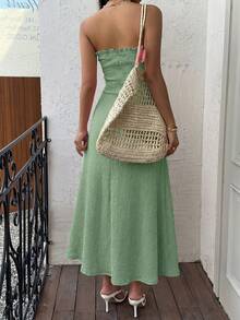 Sunnyshic Women's Minimalist Solid Color Drawstring Frill Trim Tube Dress - Green - View 2