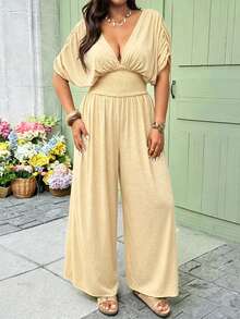 Vionelle Combinaison ample pour femmes grande taille, nouvelle collection printemps et été, style décontracté pour les vacances, col V profond. Combinaison élégante en tricot avec ceinture nouée à la taille et plissée. Style campagne, convient pour le plein air et les vacances. - Jaune clair - Voir 3