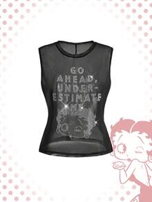 Betty Boop | ROMWE Camiseta de mujer de talla grande con malla de strass - Negro - Ver 1