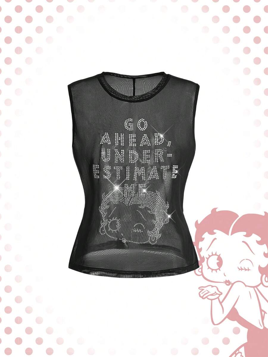 Betty Boop | ROMWE Camiseta de mujer de talla grande con malla de strass - Negro - Ver 1