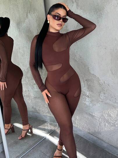 Dayanna Comas Extremely Sexy Casual Mesh Patchwork Sheer Hollow Out Bodysuit, Suitable For Nightclub, Party, Gathering, Music Festival Brown Long Sleeve Catsuit Mesh Bodysuit Brown Brown Mesh Bodysuit Brown Sheer Bodysuit Brown Full Body Suit Brown Two Piece Set Brown Bodysuit Brown Body Suit Tights Two Piece Set Women Mesh Two Piece Set Mesh Jumpsuit Brown Mesh Jumpsuit