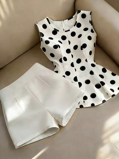 Franclia Stylish And Elegant Women's Suit, Round Neck Polka Dot Waist-Cinching Vest Top With Back Zipper, White Top Paired With Solid White Shorts. Fashionable, Elegant, Simple, Versatile Women's Summer Outfit, Summer Suit, Women's Elegant Suit, Women's Casual Suit, Women's Commuting Suit, Women's Fashion Suit, Polka Dot Top Suit, Beach Suit.