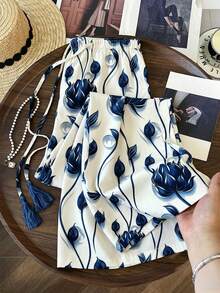 Franclia French Resort Style Printed Wide Leg Pants, Fashionable Versatile Slimming Straight Leg Trousers For Women, Spring/Summer - Blue - View 1