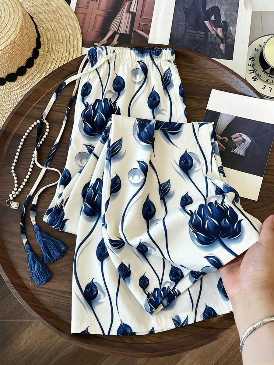 Franclia French Resort Style Printed Wide Leg Pants, Fashionable Versatile Slimming Straight Leg Trousers For Women, Spring/Summer - Blue - View 1