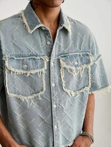 GALLERY FADE Áo sơ mi denim ngắn tay rách dáng thường ngày dành cho nam, phong cách đường phố. - Rửa nhẹ - Xem 5
