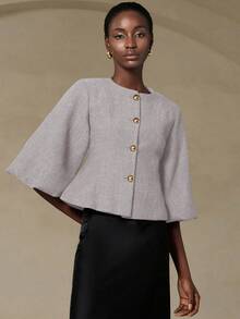 Aveloria Zanirela Áo blazer nữ thanh lịch, sang trọng, thiết kế cao cấp kiểu Pháp cổ điển, họa tiết xương cá, cổ tròn, tay lỡ xòe cánh hoa, eo thắt, cúc kim loại. - Màu Xám nhạt - Xem 3