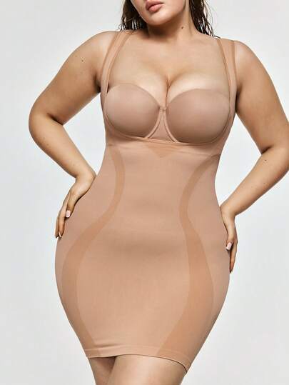 SHAPORA Plus Size Seamless Open Front Shaping Slip Dress, Slim Fit, Abdominal Control, Flat Belly, High Elasticity, Soft & Comfortable, Non-Restrictive Daily Wear