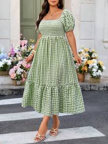 SHEIN LUNE CURVE Đầm nữ cỡ lớn thanh lịch, thoải mái, cổ vuông, kẻ caro xanh lá cây, tay cánh hoa, kiểu dáng công sở, thắt eo, thích hợp cho mùa xuân/hè. - màu xanh lá - Xem 6