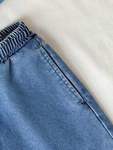 2件套少女蓝色牛仔宽松无袖背心和短裤套装 - 淺色水洗藍 - 查看 5