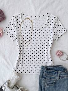 Tween Girl Polka Dot Casual Versatile Daily Wear Short Sleeve T-Shirt - Black and White - View 1