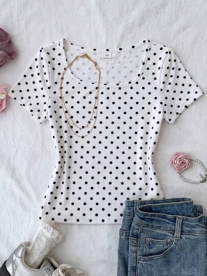SHEIN Tween Girl Polka Dot Casual Versatile Daily Wear Short Sleeve T-Shirt