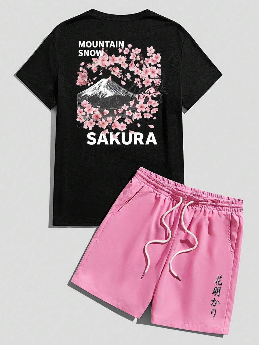 Manfinity Homme Japanese Ukiyo-E Sakura Tree Frame Print Casual Men's Standard Black Short Sleeve T-Shirt And Pink Shorts Set - Multicolor - View 1