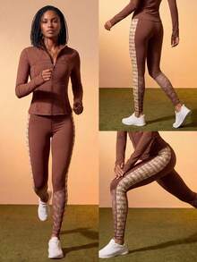 Quần legging bó sát in họa tiết tối giản thời trang dành cho nữ, thích hợp cho chạy bộ. - màu nâu - Xem 4