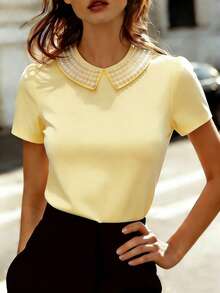 SHEIN Áo thun ngắn tay cổ ngọc trai dành cho nữ - Màu vàng - Xem 1