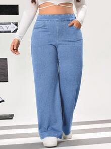 SHEIN FlexDen Quần jean ống đứng dáng rộng, chất liệu wash, cỡ lớn, kiểu dáng thường ngày. - Màu xanh nhạt - Xem 3