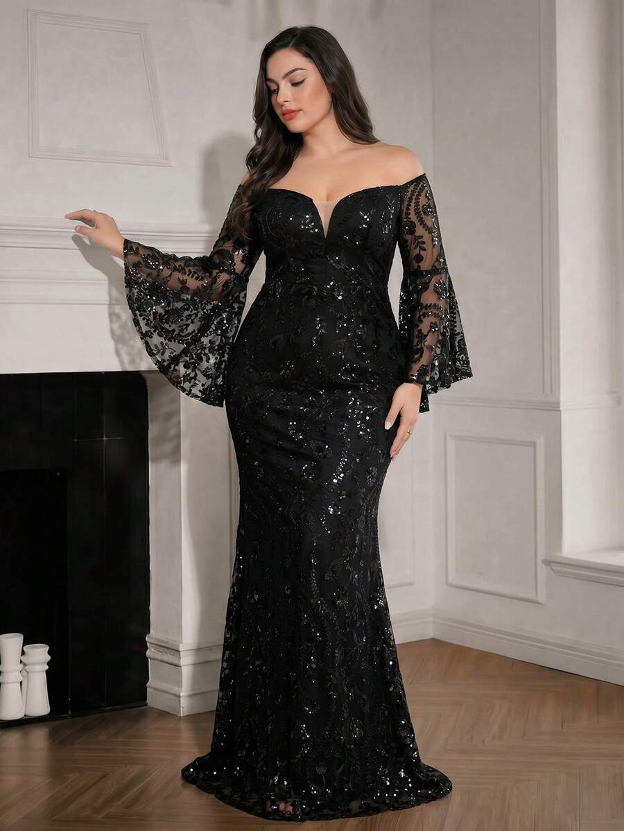 Modelyn Váy dạ hội trang trọng tay kèn hở vai hở lưng thêu sequin sang trọng thanh lịch cho mùa thu đông (Công việc nặng) Váy dạ hội trang trọng hở vai hở lưng một bên vai, thích hợp cho khách dự tiệc cưới, tiệc tối, lễ tốt nghiệp