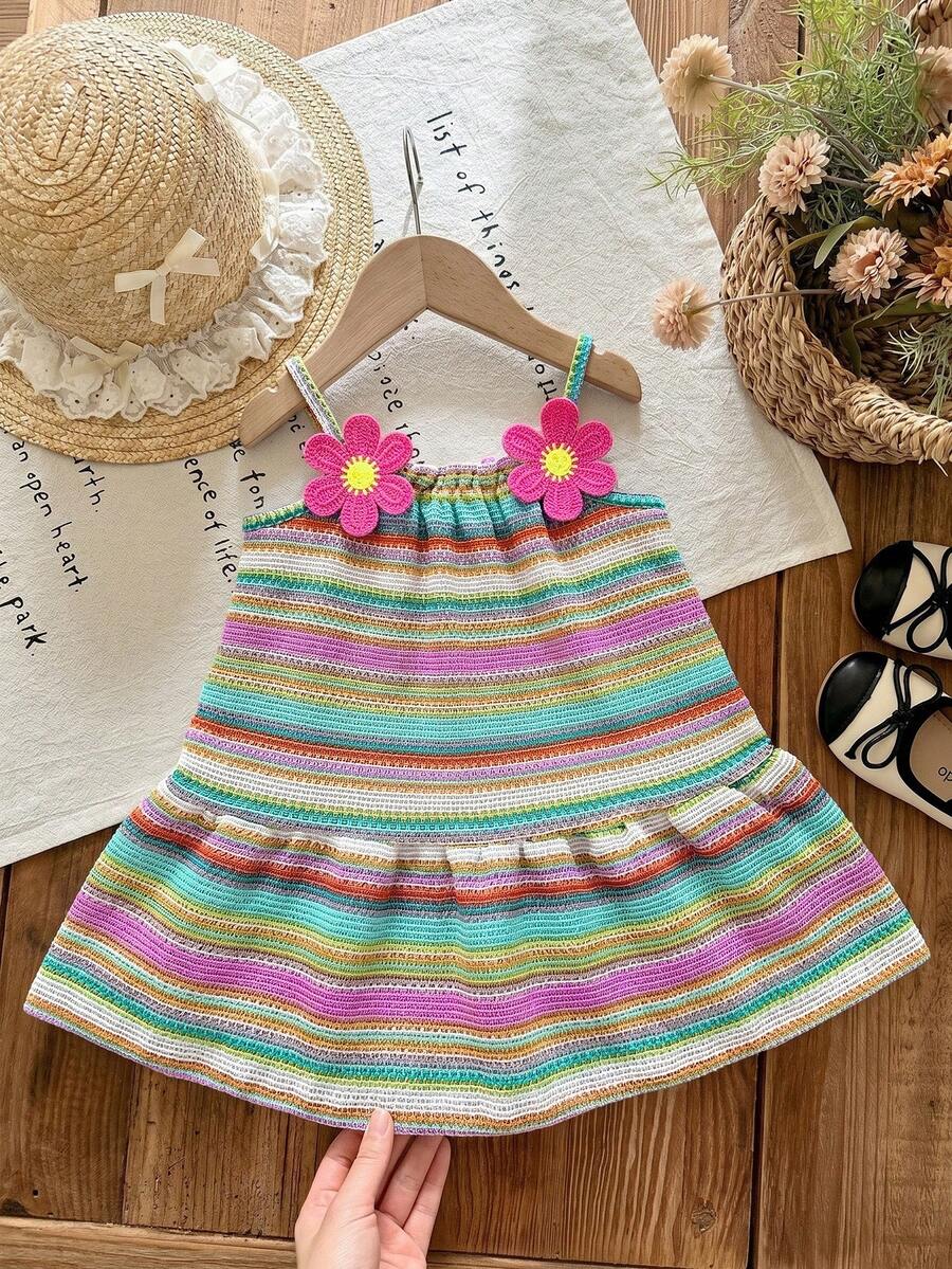女童针织条纹吊带裙 - 彩色 - 查看 1