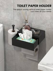 1 pièce Porte-papier toilette avec boîte de rangement, noir, avec étagère de rangement, design de tiroir amélioré, distributeur de papier hygiénique mural, étagère de rangement murale pour salle de bain, décoration de salle de bain, organisateur de salle de bain, décoration d'automne, rentrée des classes - Noir - Voir 4
