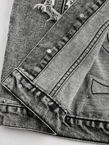 GALLERY FADE Chaleco vaquero casual de moda callejera para hombres con bordado, gris oscuro - Gris Oscuro - Ver 7