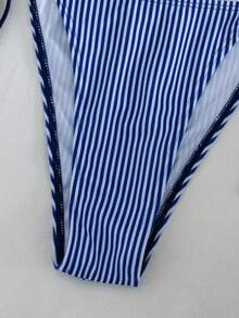 Swim Mod Conjunto de 3 piezas de bikini de estilo dulce con tirantes finos, estampado de rayas y escote descubierto en la espalda para mujer, ideal para playa y festivales de música en primavera y verano - Multicolor - Ver 4
