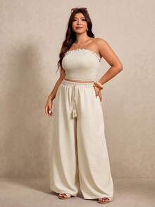 Elaquor Damen Große Größen Beige Plissee Bandeau Top und Weite Hose 2-teiliges Set,Sommer Boho Strand Urlaub Kreuzfahrt Brunch Outfits Lässig Alltagskleidung - Aprikosenfarben - Übersicht 3