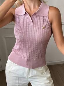 DAZY Women's Solid Color Fitted Cropped Sleeveless Collared Tank Top With Metal Logo, Casual Sexy Summer Knit Blouse Back-To-School Golf Lilac - Pink - View 2
