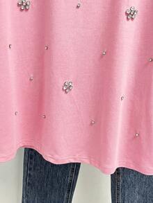 Franclia New Casual Rhinestone Decor Loose T-Shirt For Women - Pink - View 3