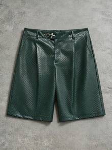 ROMWE MEN Street Life Quần short nam màu trơn, kiểu dáng tối giản, chất liệu PU có vân, thích hợp mặc thường ngày. - xanh quân đội - Xem 1