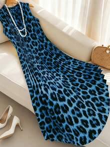 Plus Size Vintage Leopard Print Pleated Dress - Blue - View 1