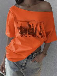 DAZY Teen Girls Minimalist Print Asymmetric Neck T-Shirt Summer - Burnt Orange - View 6