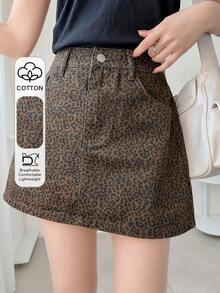 FRIFUL Minifalda vaquera de estampado de leopardo casual para mujer, verano - Azul - Ver 1