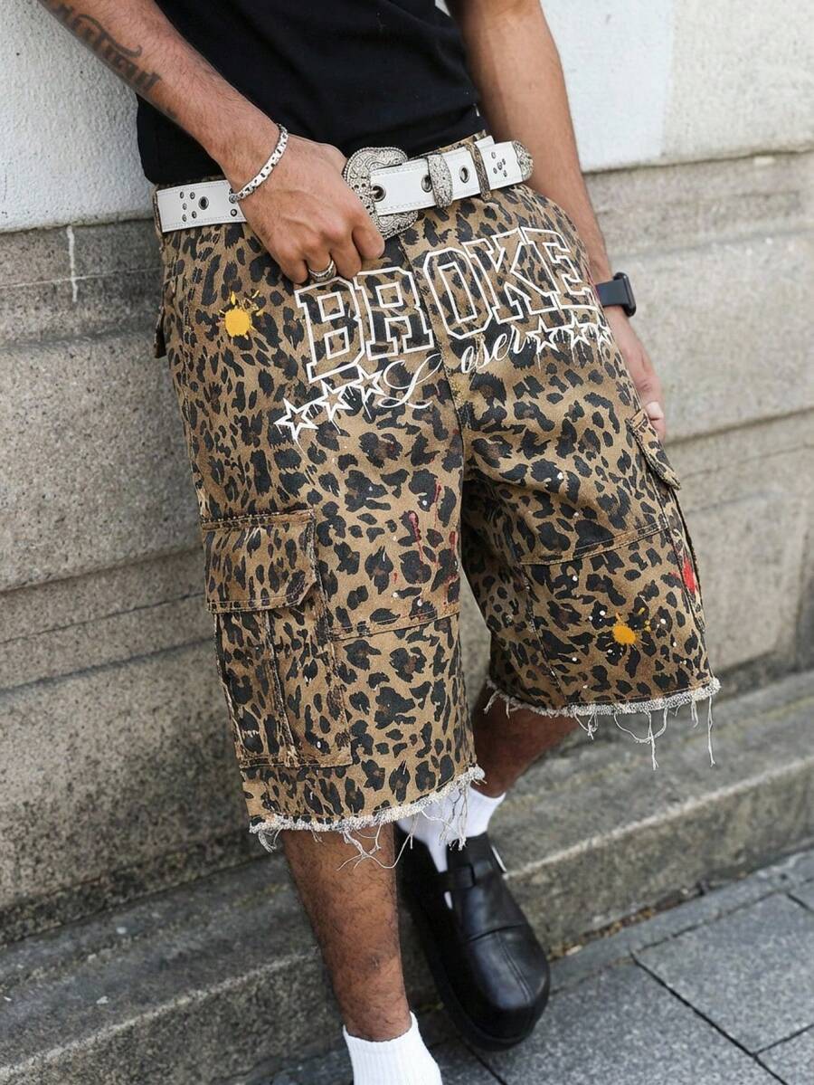 Manfinity EMRG Plus Size Men's Leopard Print Cargo Pocket Frayed Hem Denim Shorts - Yellow - View 1