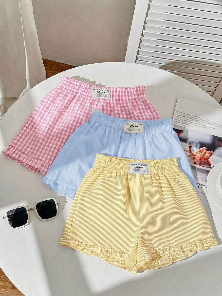 SHEIN EZwear 3件套女士系带腰宽松休闲荷叶边刺绣短裤套装,贴布图案 - 彩色 - 查看 1