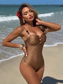 Swim Vcay 1pc Elegant Solid Color One-Piece Swimsuit For Women - Brown - View 3