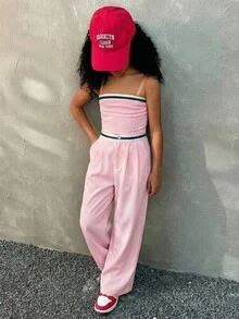 Coolane Kids 青少年女孩夏季粉色2件套對比色抹胸上衣與長褲，親子裝，畢業、派對、休閒、度假 - 粉色 - 查看 3