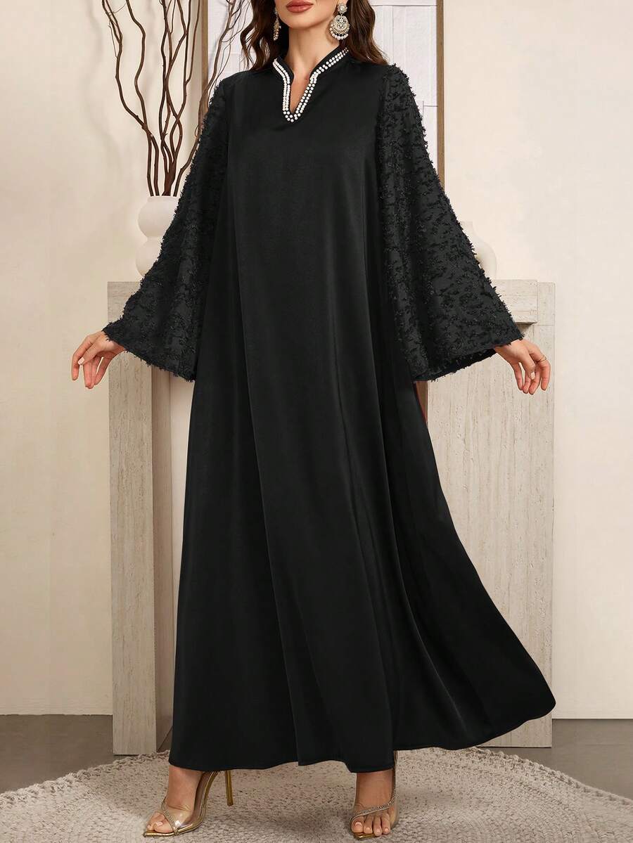 SHEIN Najma 酒红色女士V领喇叭袖仿珍珠装饰优雅阿拉伯连衣裙,优雅端庄魅力束腰长袍阿拉伯连衣裙,适合晚宴/日常休闲穿着 - 黑色 - 查看 1