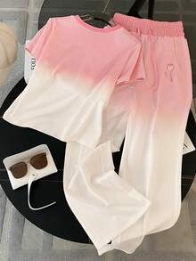 Resyla Regular Fit Crew Neck Short Sleeve T-Shirt + Straight Leg Pants With Slant Pockets - Pink - View 2