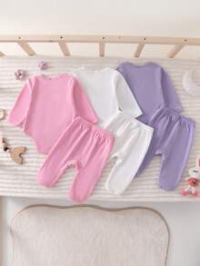SHEIN 6pcs/Set Newborn Baby Boys/Girls Solid Color Soft Knit Round Neck Long Sleeve Top And Elastic Waist Pants Set, Comfortable Soft Fabric - Multicolor - View 2