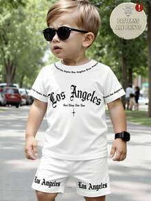 2 piezas Conjunto de chaleco con estampado de letras inglesas + pantalones cortos, estilo callejero para bebé niño, adecuado para salidas en verano - Multicolor - Ver 4
