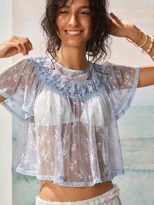 SoleilVie Blusa elegante y romántica de mujer con cuello redondo y mangas acampanadas con encaje - Azul - Ver 7