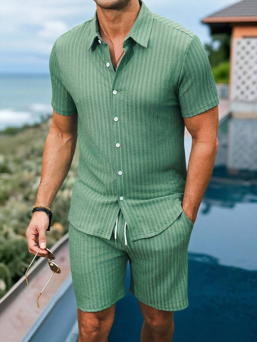 VENTUSAIL 男士纯色短袖单排扣衬衫和短裤休闲套装 - 綠色 - 查看 1