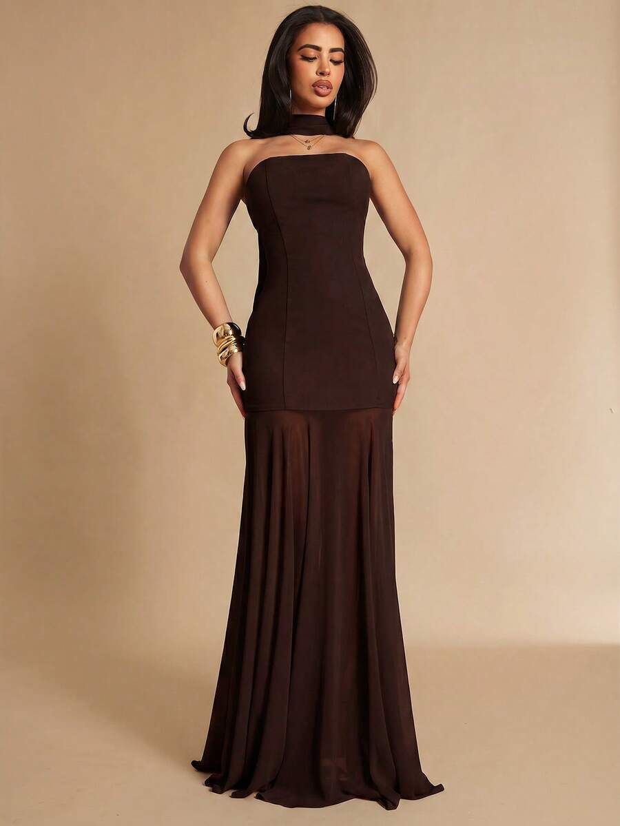 Silquee Vestido sin tirantes de unicolor elegante para mujer, adecuado para fiestas - Marrón - Ver 1
