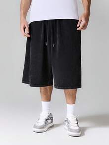 SUMWON Wide Leg Casual Drawstring Bermuda Shorts With Elastic Waistband Knee Length Cotton Washed Texture Summer Streetwear - Black - View 5