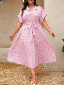 EMERY ROSE Gaun Midi Lebar Berkerah Model Mengembang dengan Motif Pita dan Garis-garis Pink & Putih Ukuran Plus, Elegan untuk Acara Santai, Liburan, atau Kencan - Berwarna merah muda - View 3