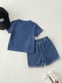 男婴夏季休闲字母印花T恤和浅蓝色牛仔短裤两件套 - 彩色 - 查看 2