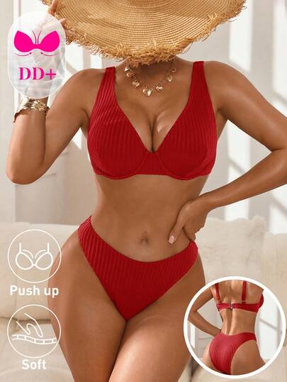 Swim DD+ 2026 SS Women's Beach Outfit, Women's Swimsuit Set, 2-Piece, Elegant Romantic Sexy Knowledgeable Striped Textured Fabric For Beach Resort, Exclusive For DD+ Bust, PUSH UP Supportive Underwire, Removable Padded Cup, Bikini Set, Black, Coffee Brown, Brown, Sexy Luxurious, Elegant Knowledgeable, Romantic Resort, 2026 Spring Summer New Fashion, New Year, Valentine's Day, Back To School, Travel Season, Suitable For Vacation, Beach, Afternoon Tea Picnic, Party, Daily Wear, Leisure, Outdoor Sports, Fashionable Outfit