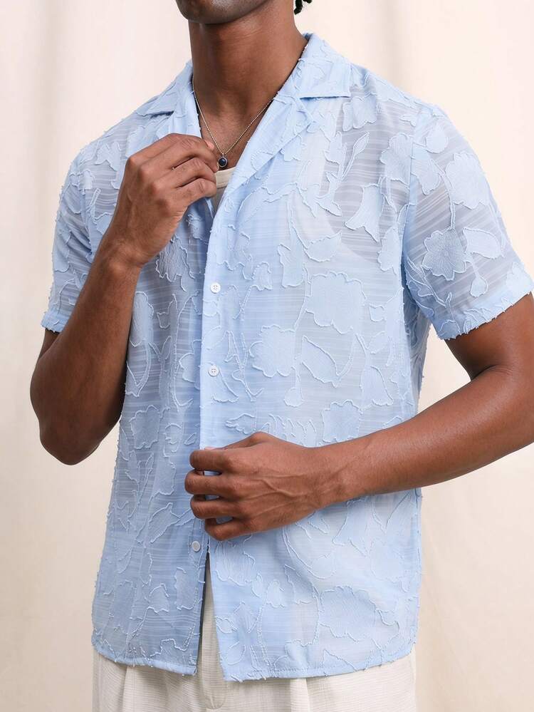 SUMWON Men's Light Blue Textured Short Sleeve Button Up Shirt With Point Collar Regular Fit Summer Casual Dress Shirt