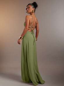 xheHauture Vestido largo con adornos sexy, escote halter, tirantes y espalda descubierta para mujerxhe - Verde Oliva - Ver 5
