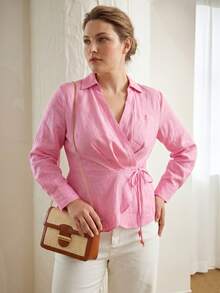 MOTF PREMIUM WOMEN'S PLUS LINEN TIE WRAP LONG SLEEVE BLOUSE, SPRING/SUMMER - Pink - View 10