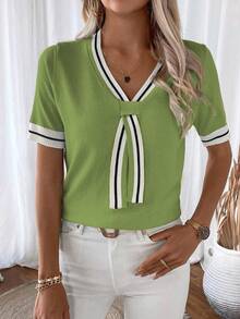 EMERY ROSE Women's White Short Sleeve V-Neck Casual Basic Sexy Loose Knit Top, Suitable For Summer Daily Wear Golf - Green - View 5